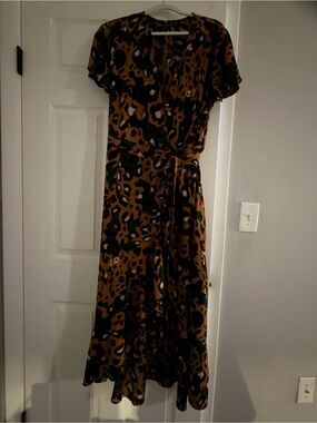 SHEIN Brown and Black Leopard Camouflage Print Wrap Dress